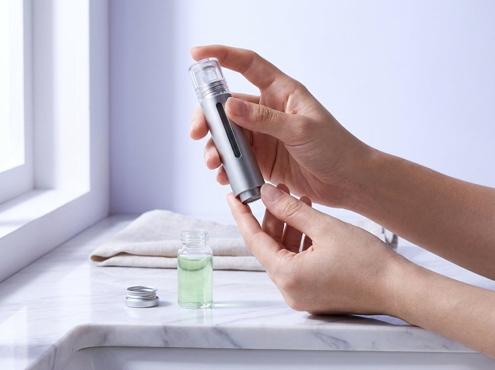 Loading a serum vial into the Folliva applicator at the bathroom counter