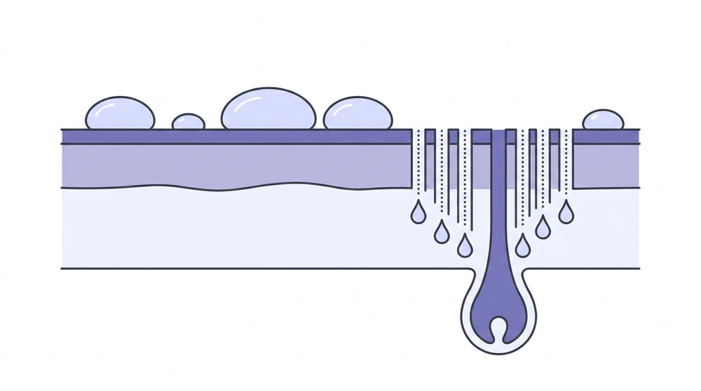 Diagram: serum sits on the scalp surface, while micro-channels carry it down to the follicle