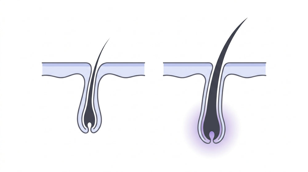 Diagram: a shrunken follicle growing a thin hair beside a full follicle growing a thick strand